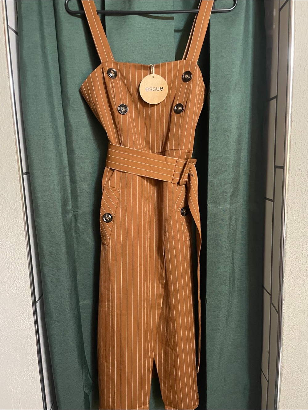 essue Brown Pinstripe Midi Dress with Button Details